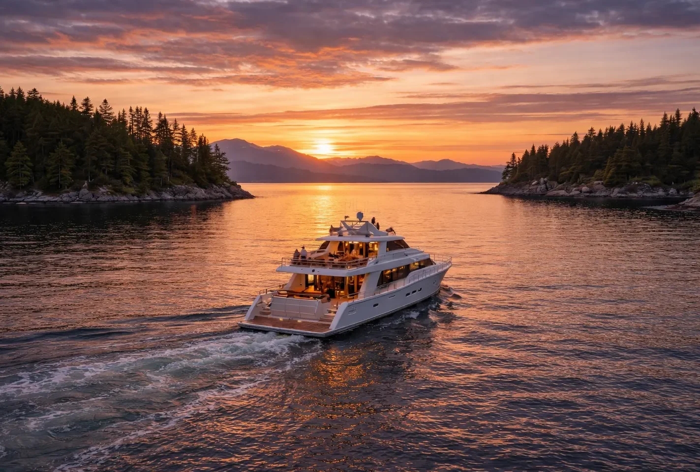 Luxury yacht cruising near island waters on a calm day